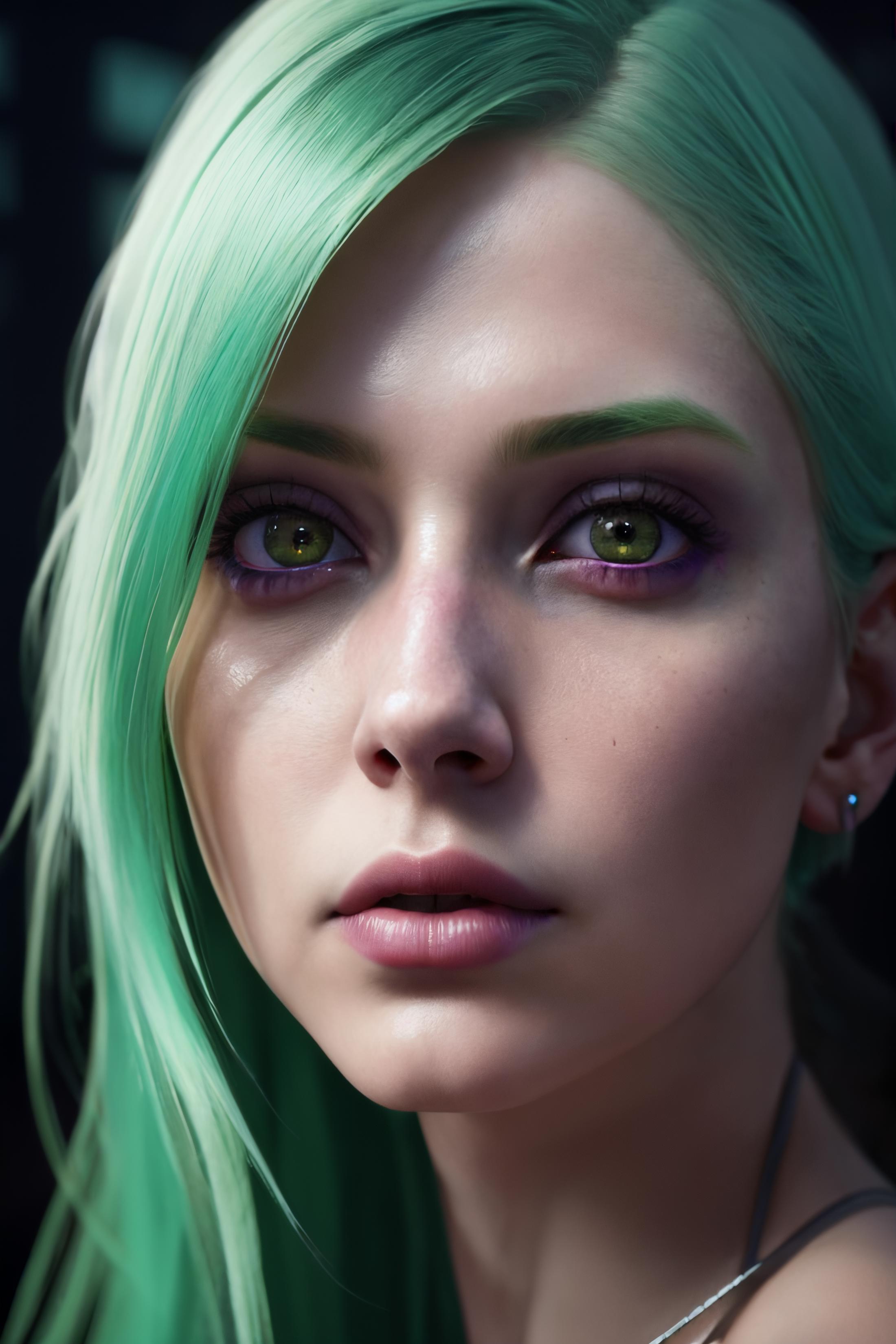 beautiful gorgeous 8k photo, female, pale Artichoke green hair, sitting at architecture, very dark lighting, dreary, spook...